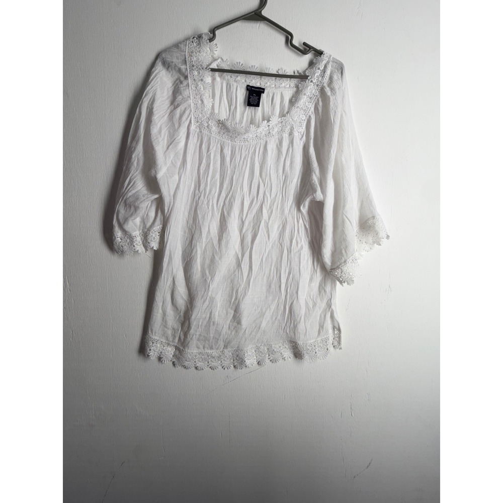 New Directions White Crinkle Peasant Top Crochet Lace Trim XL Boho Bell Sleeve